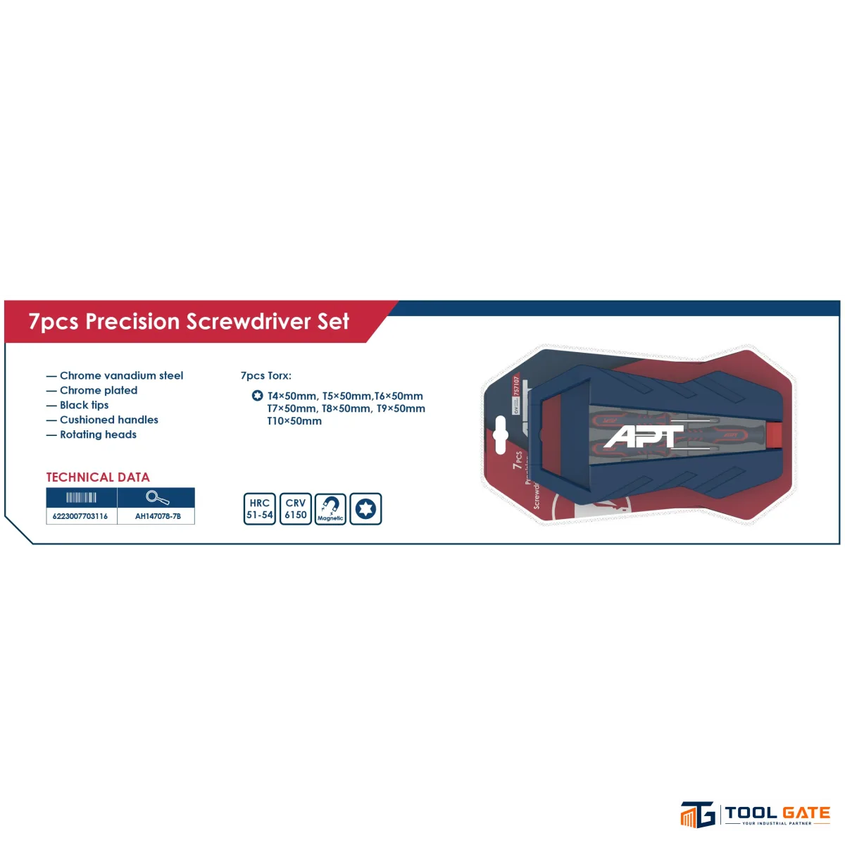 طقم مفكات إلكترونيات توريكس 7 قطع عادة وصليبة 2 لون APT AH147078-7B