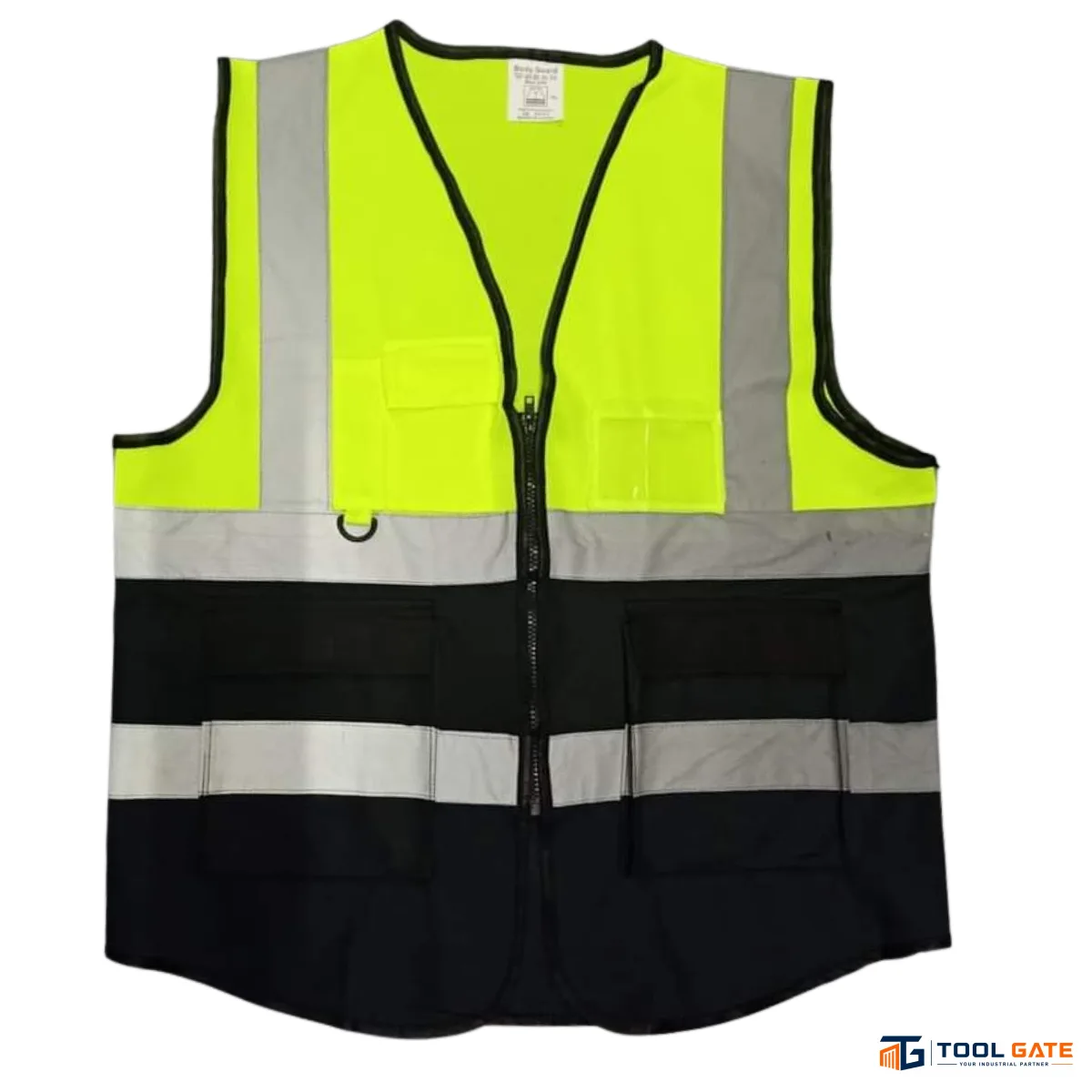 فيست سلامة بودي جارد ليموني وأسود فسفوري مع 4 أشرطة عاكسة وجيوب متعددة Body Guard Safety Vest