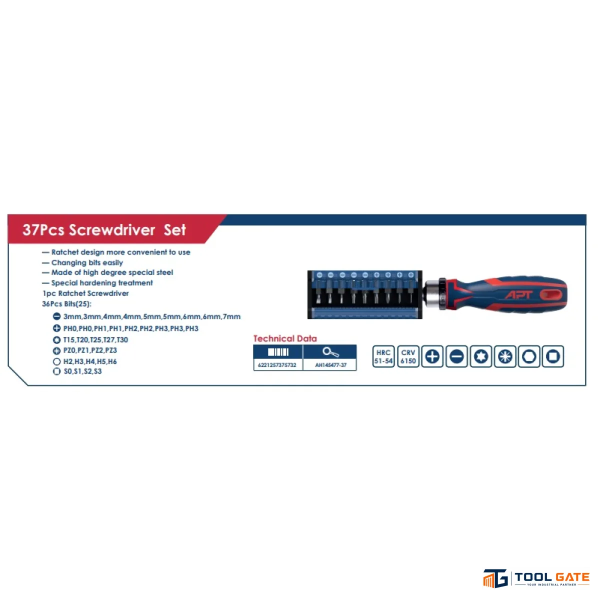 طقم مفك سيستيم 2 لون سنون  37 قطعة APT AH145477-37