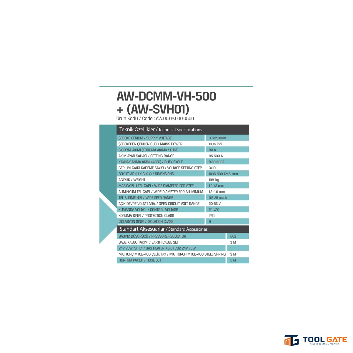 ماكينة لحام  سي او تو MIG/MAG تبريد هوا اتيكر تركي للقطاعات المعدنية متوسطة وعالية السماكة ATIKER WELD AW-DCMM-VH-500 + AW-SVH01