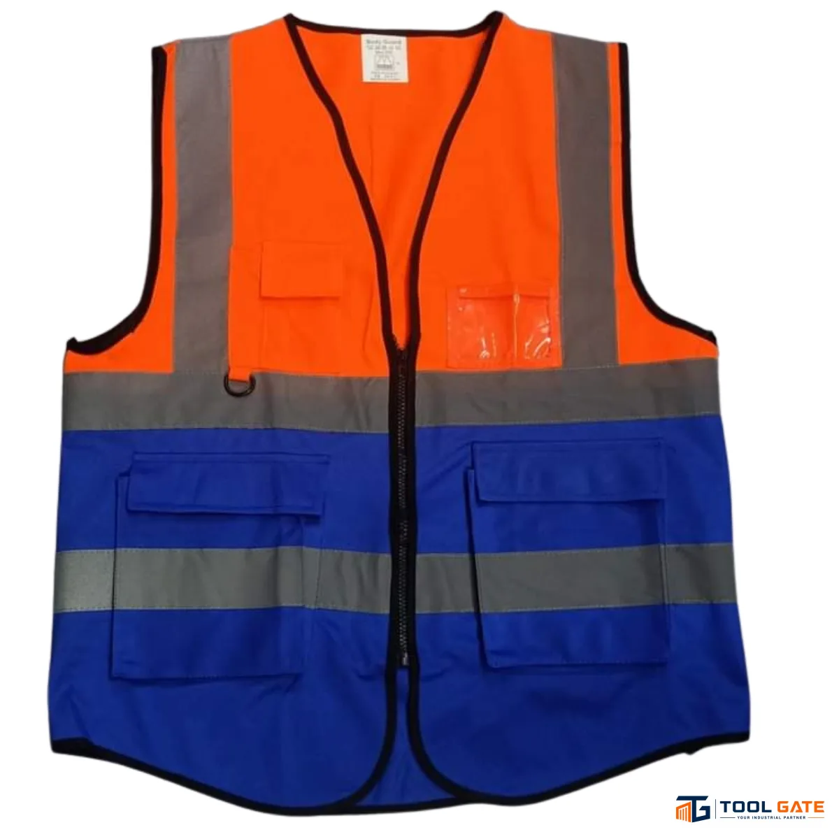 فيست سلامة بودي جارد برتقالي وأزرق فسفوري مع 4 أشرطة عاكسة وجيوب متعددة Body Guard Safety Vest