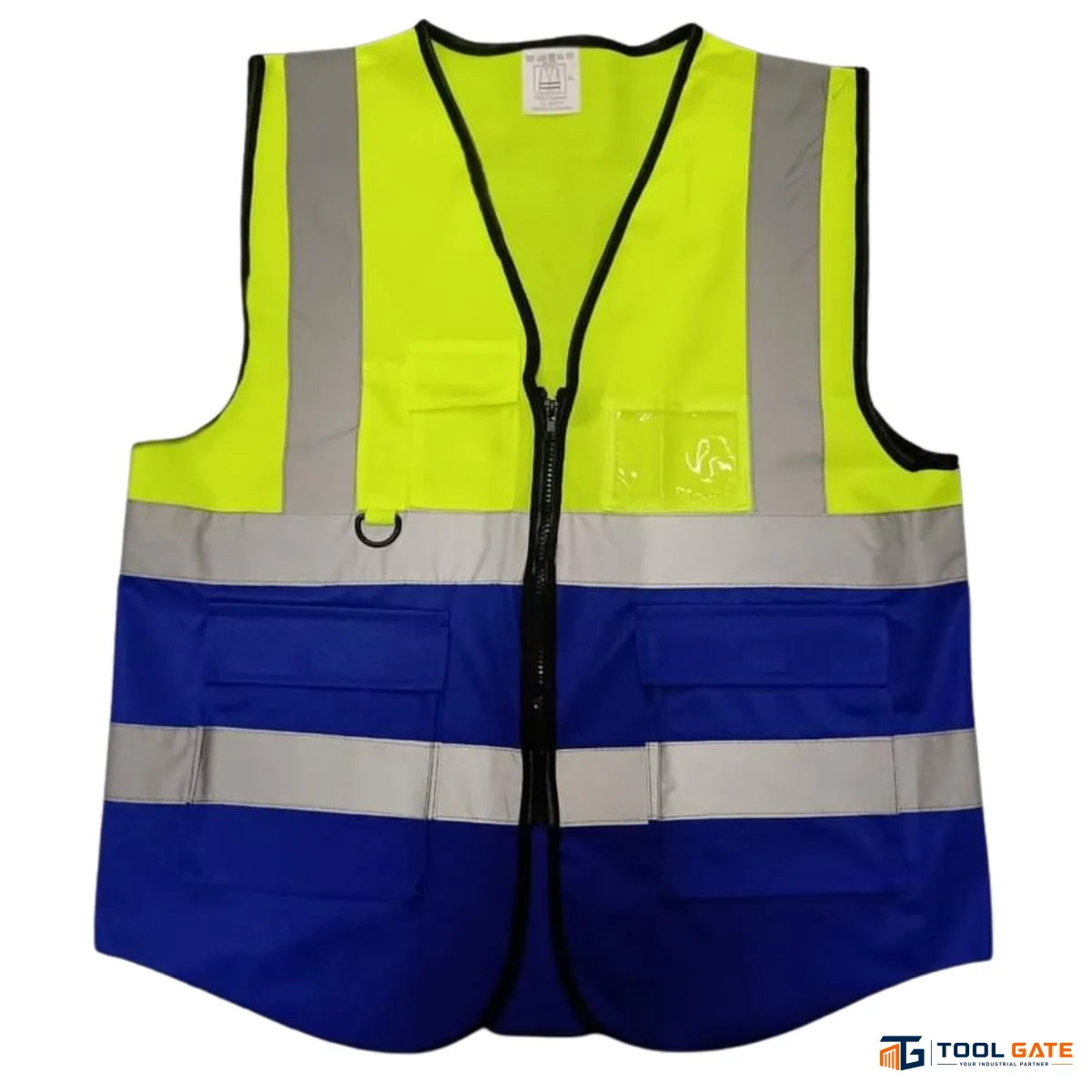 فيست سلامة بودي جارد ليموني وأزرق فسفوري مع 4 أشرطة عاكسة وجيوب متعددة Body Guard Safety Vest