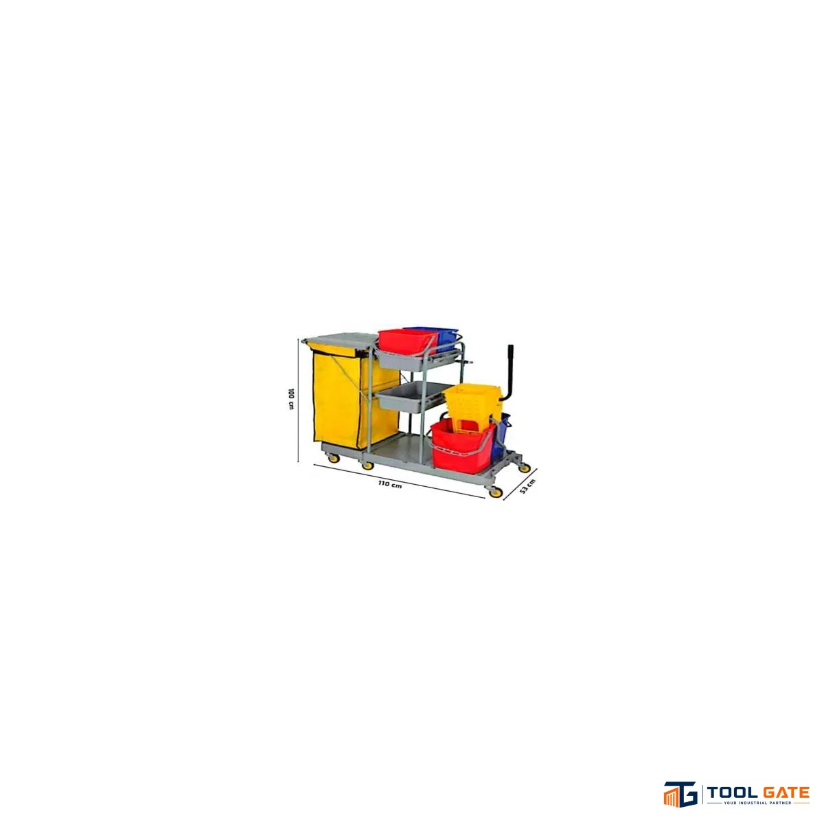 ترولي نظافة محلي بـ3 جردل وعصارة وحامل أدوات وكيس 120 لتر