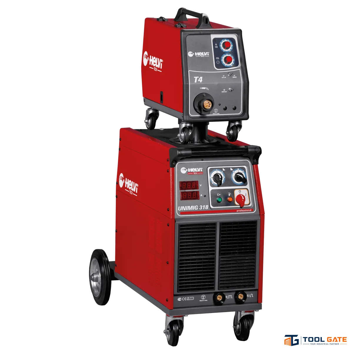 ماكينة لحام نص اوتوماتيك واير فيدر خارجي 3 فاز 320 أمبير هيلفي ايطالي HELVI UNIMIG 318 + T4 320A Professional 3-Phase MIG/MAG Welding Machine with 4-Roll Wire Feeder