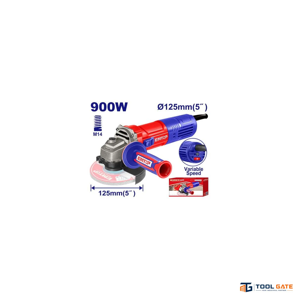 EMTOP EAGRS09051 صاروخ جلخ 900 وات بقرص 125 مم وسرعة متغيرة حتى 12000 لفة/دقيقة