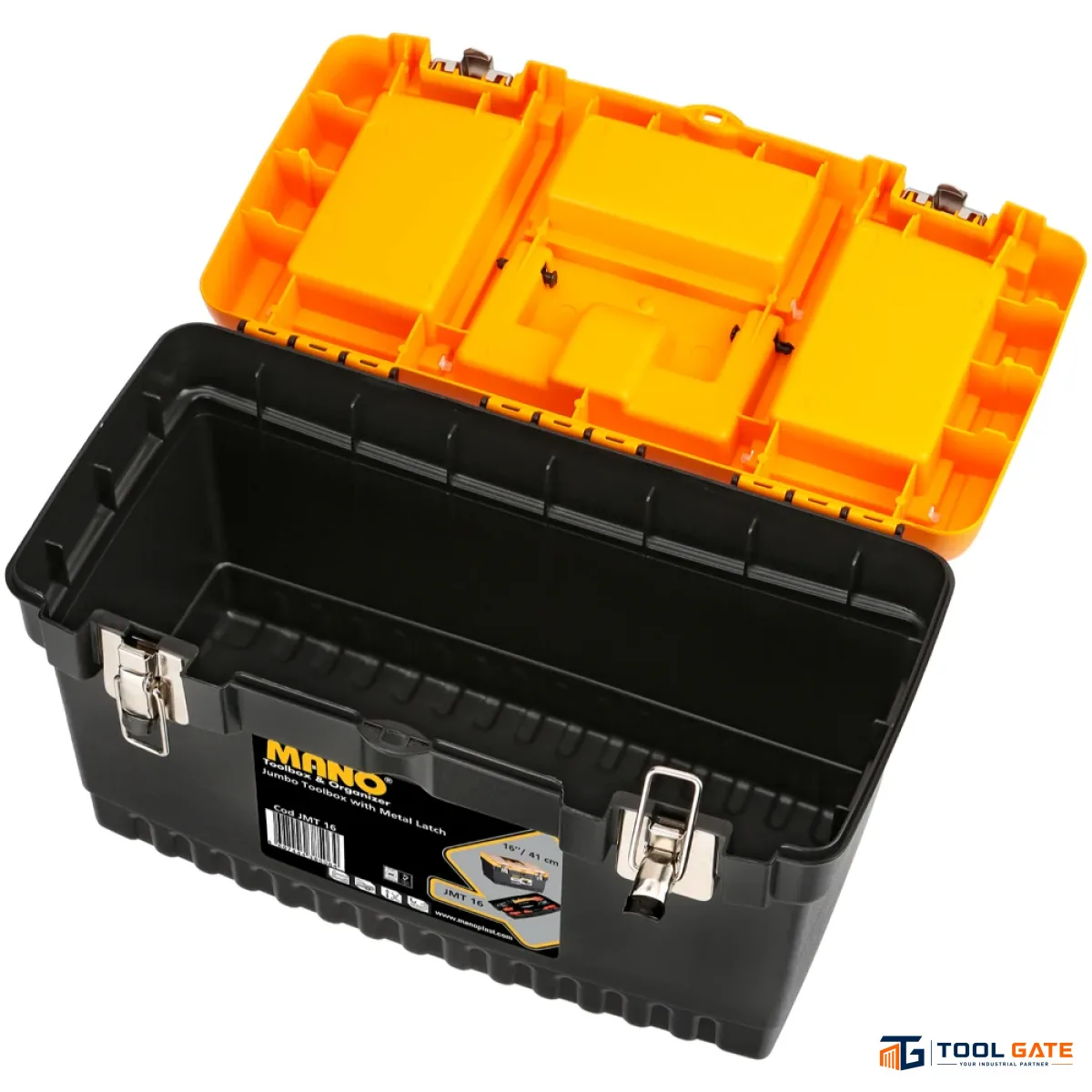 شنطة عدة بلاستيك جامبو بقفل معدن وحوافظ علوية 16 بوصة – الأبعاد: 244×212×413 مم ماركة مانو صناعة تركي – JMT-16