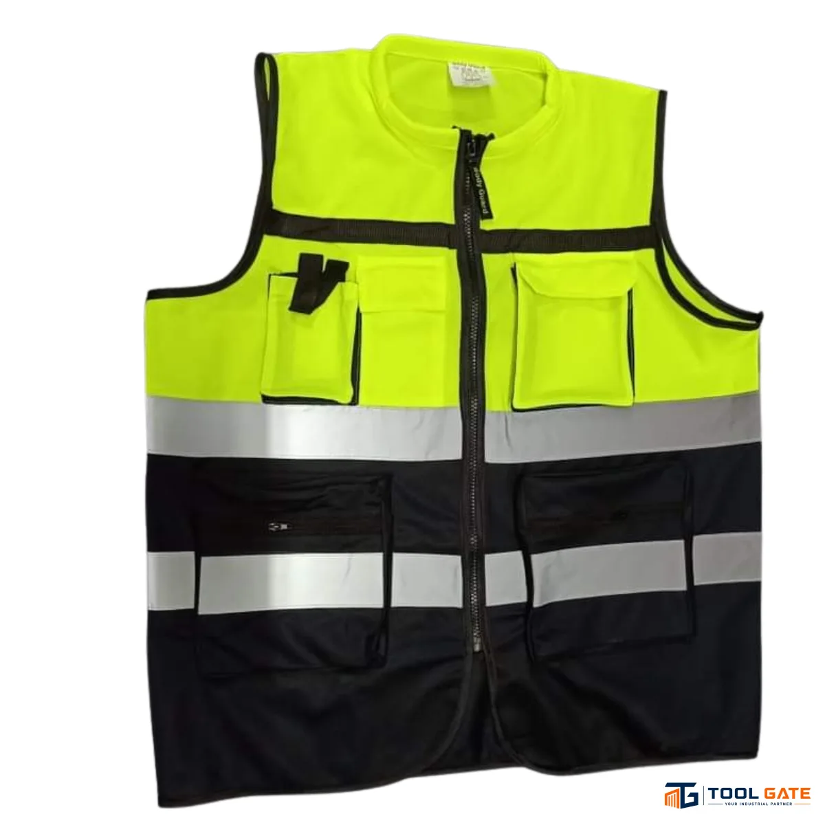 فيست مهندسين مطور بودي جارد ليموني وأسود بياقة ممتدة مع 4 جيوب احترافية وأشرطة عاكسة Body Guard Safety Vest