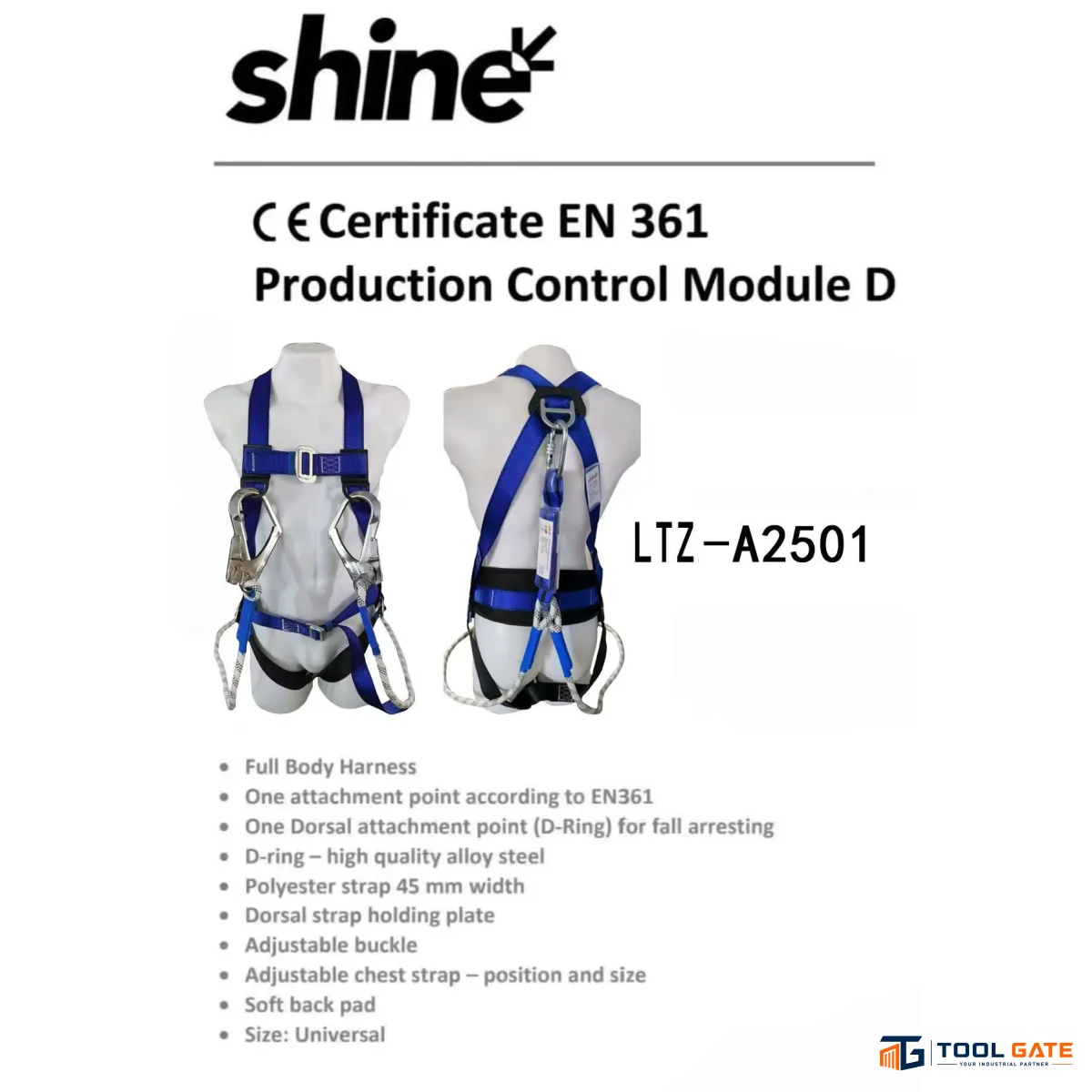 حزام أمان كامل للجسم أزرق SHINE LTZ-A2501 بنقطة تثبيت ظهرية D-Ring وشريط Polyester 45 مم Full Body Harness