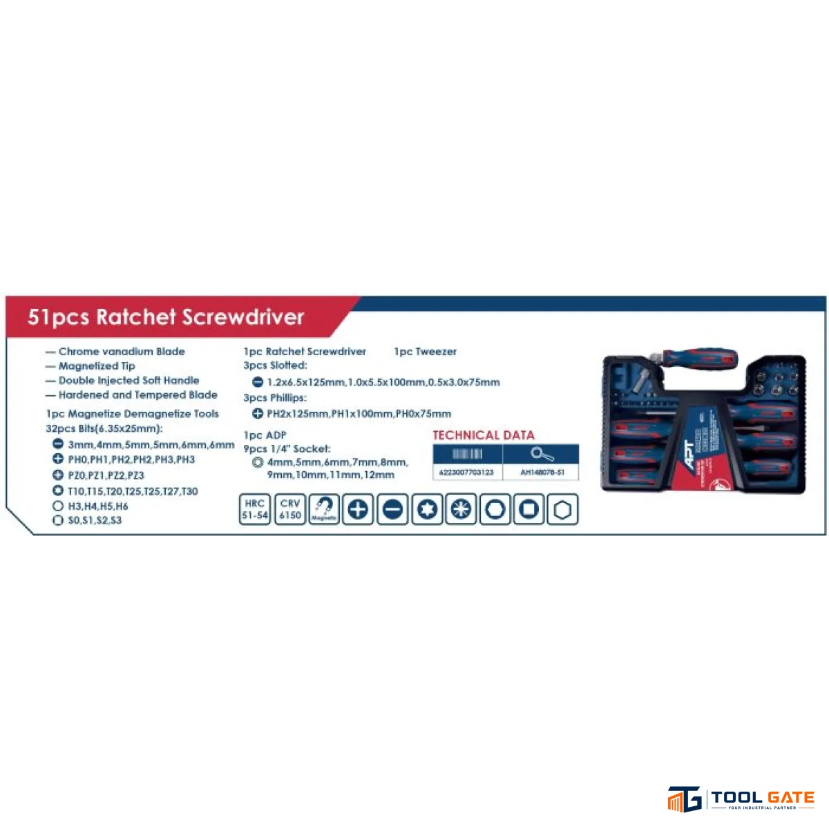 طقم مفكات + مفك رأس مفصلية وسنون ولقم 51 قطعة APT AH148078-51