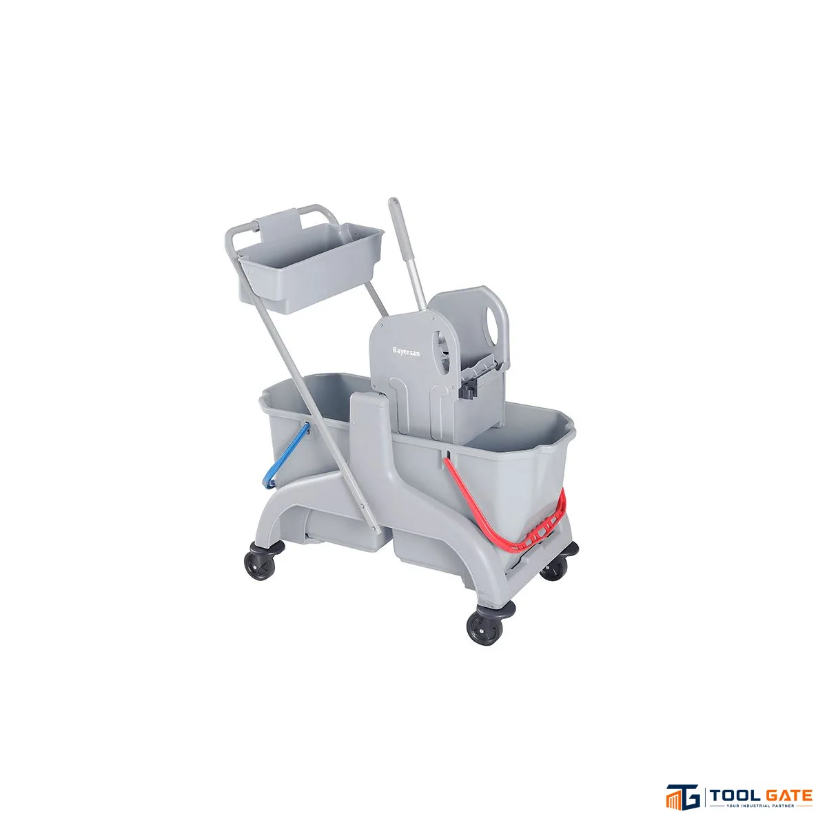 ترولي نظافة تركي ماركة BAYERSAN رمادي بجردلين وعصارة وحامل أدوات Gray Double Bucket Mop Wringer Trolley with Tool Holder