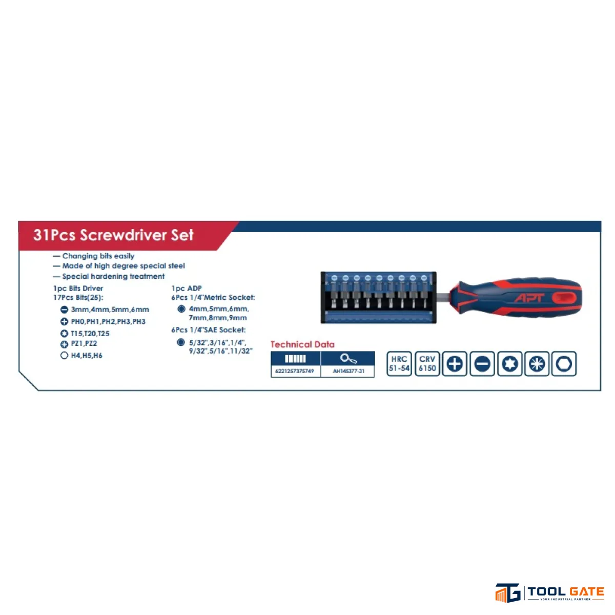 طقم مفك سنون 37 قطعة 2 لون APT AH145377-37