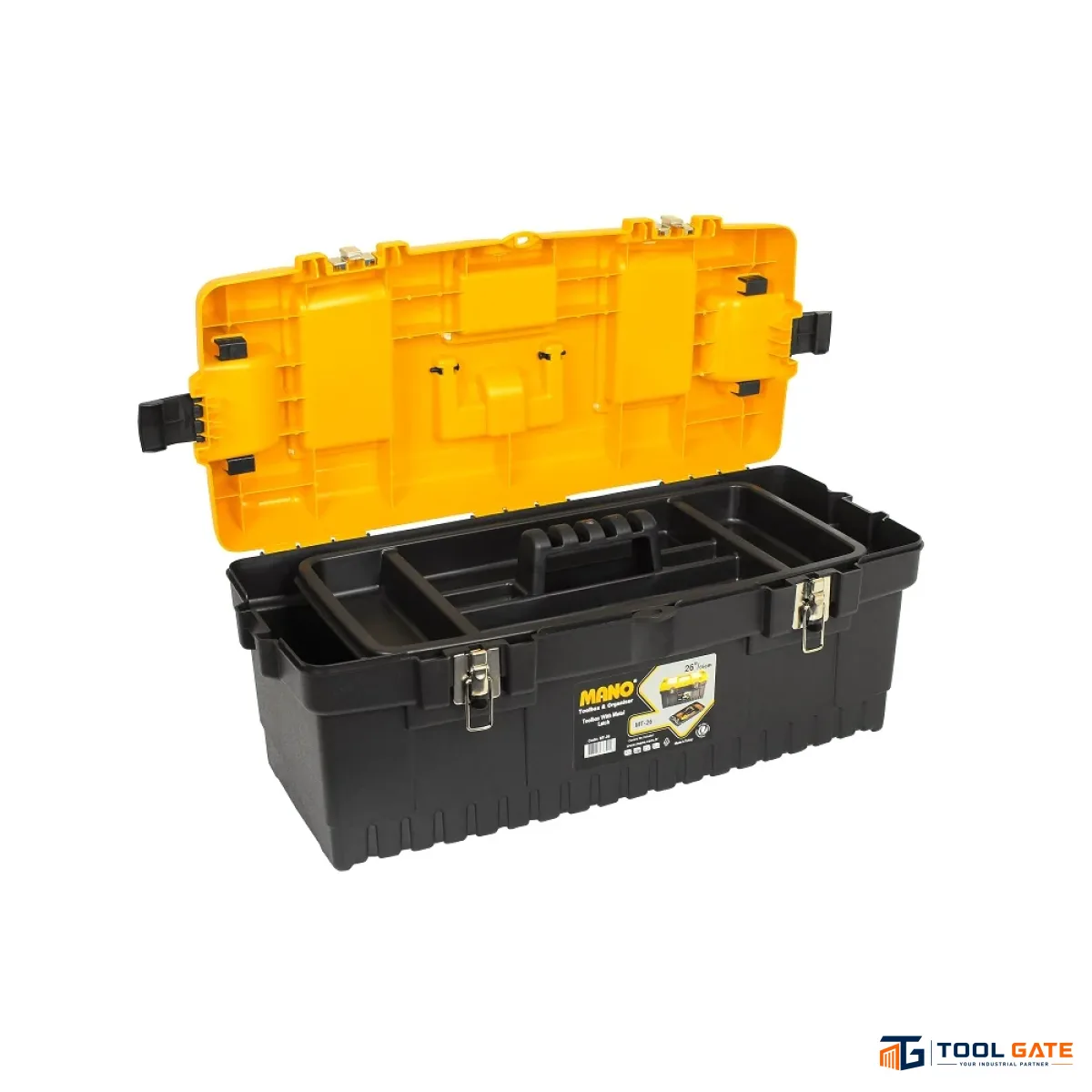 شنطة عدة بلاستيك بقفل معدن وحوافظ علوية 26 بوصة – الأبعاد: 290×315×710 مم ماركة مانو صناعة تركي – MT-26