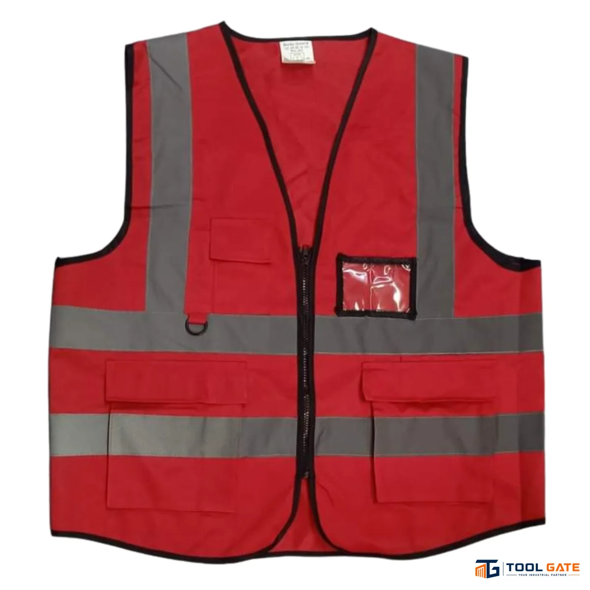 فيست للمشرفين بودي جارد أحمر مع 4 أشرطة عاكسة وجيوب متعددة وحامل بطاقة وحلقة D-Ring Body Guard Safety Vest