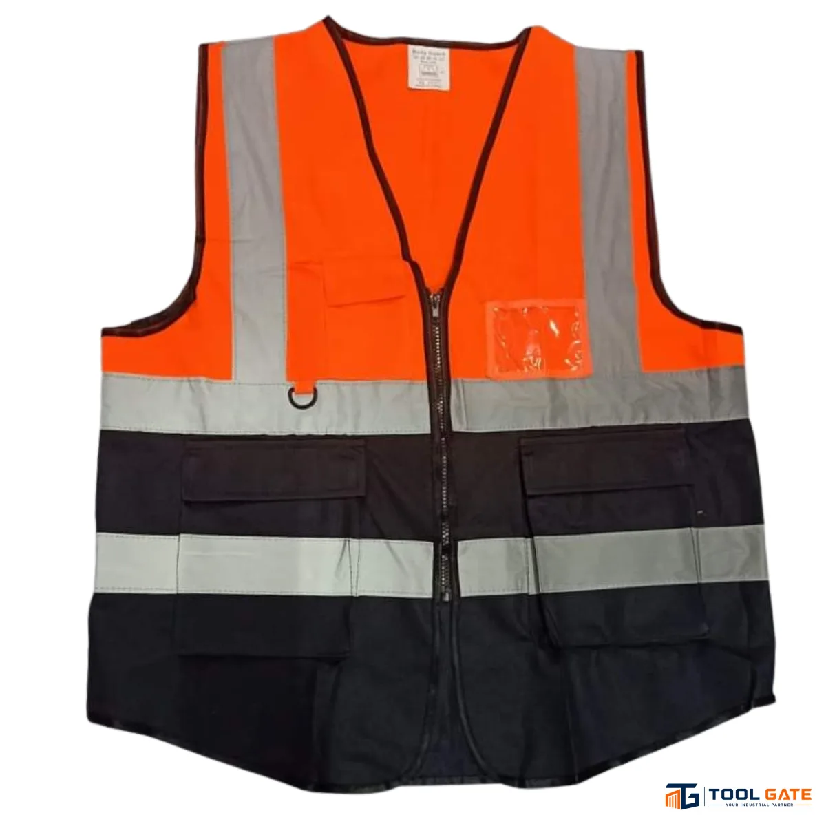 فيست سلامة بودي جارد برتقالي وأسود فسفوري مع 4 أشرطة عاكسة وجيوب متعددة Body Guard Safety Vest