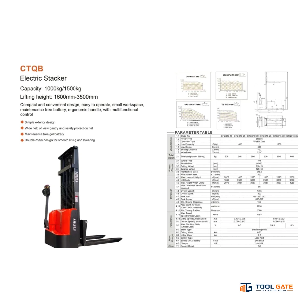 ستاكر كهرباء حمولة 1.5 طن ارتفاع 3.5 متر بستم المانى CLARK TEC CTQB